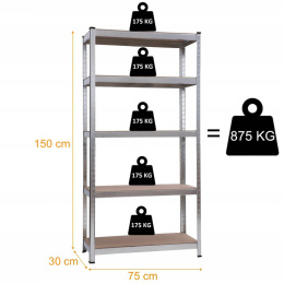 REGAŁ METALOWY 150x75x30 PÓŁKA MDF 875KG